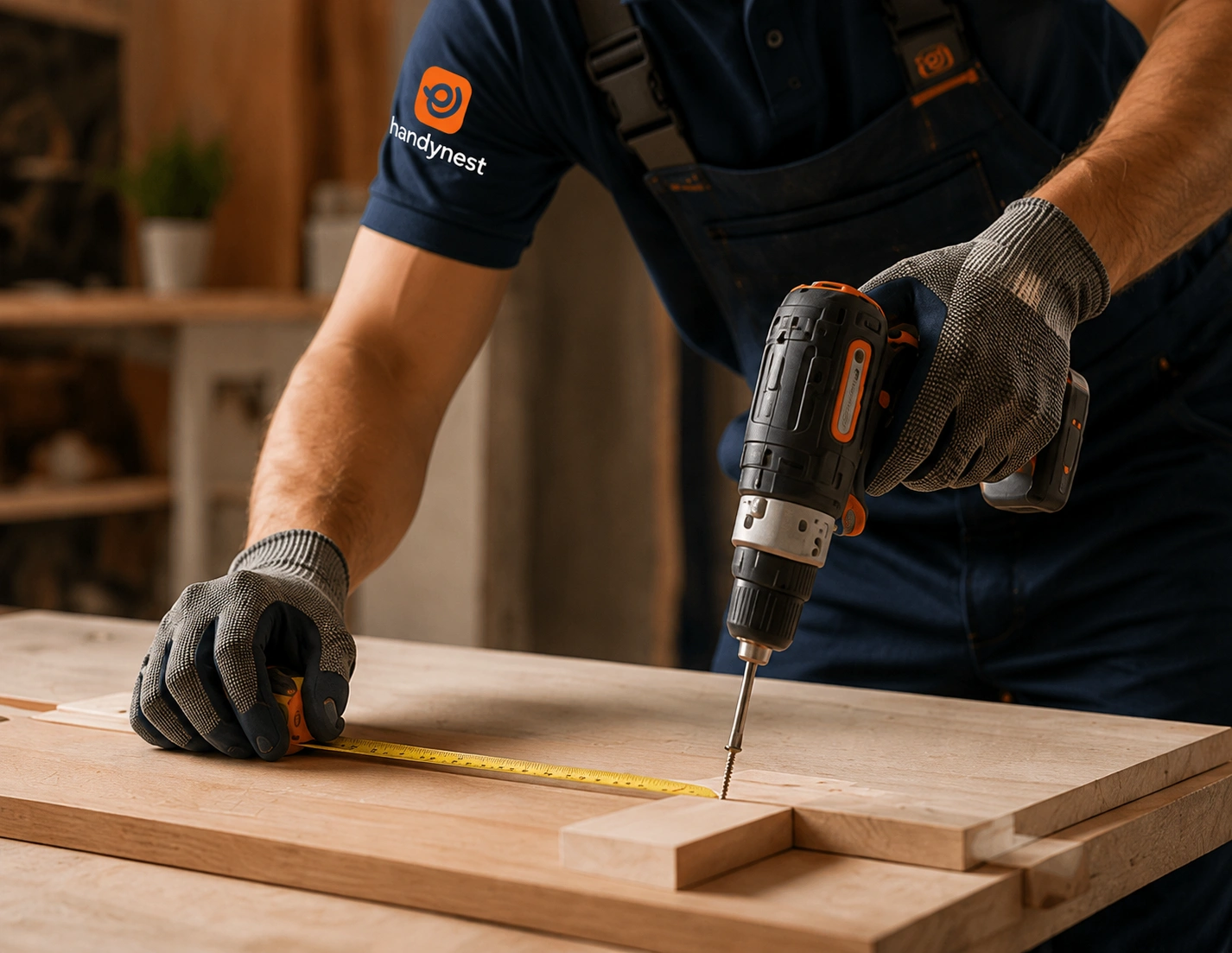 A close-up view of a technician wearing a blue "handynest" polo shirt, overalls, and protective work gloves while working on a wooden table. One hand holds a yellow measuring tape against a wooden plank, while the other hand uses a cordless power drill with an attached screw driver bit to drive a screw into the wood.