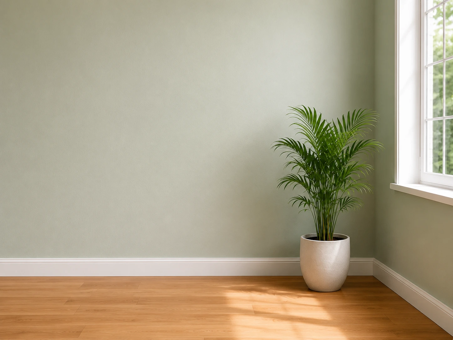 A minimalist room features a light sage green wall, light-colored wooden floors with white baseboards, and a vibrant green potted palm plant sitting in a white ceramic