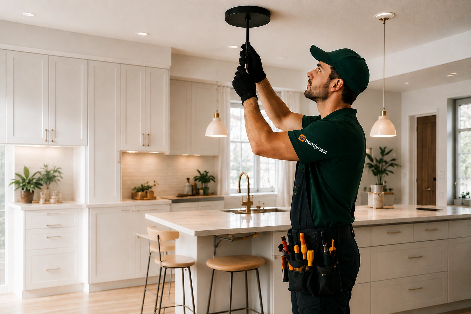 A technician wearing a dark green cap and a green polo shirt with the "handynest" logo installs a black pendant light fixture on a kitchen ceiling. He wears black protective gloves, carries a tool pouch filled with screwdrivers on his waist, and stands in a bright, modern white kitchen with an island, bar stools, and white cabinetry.
