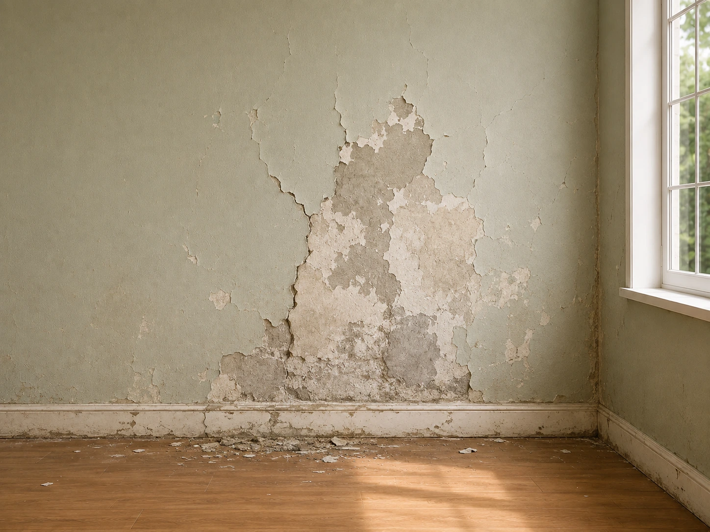 A light sage green wall features a large area of severe damage, with deep cracks and peeling paint exposing a rough, gray plaster under-layer above a wooden floor with white baseboards next to a window.