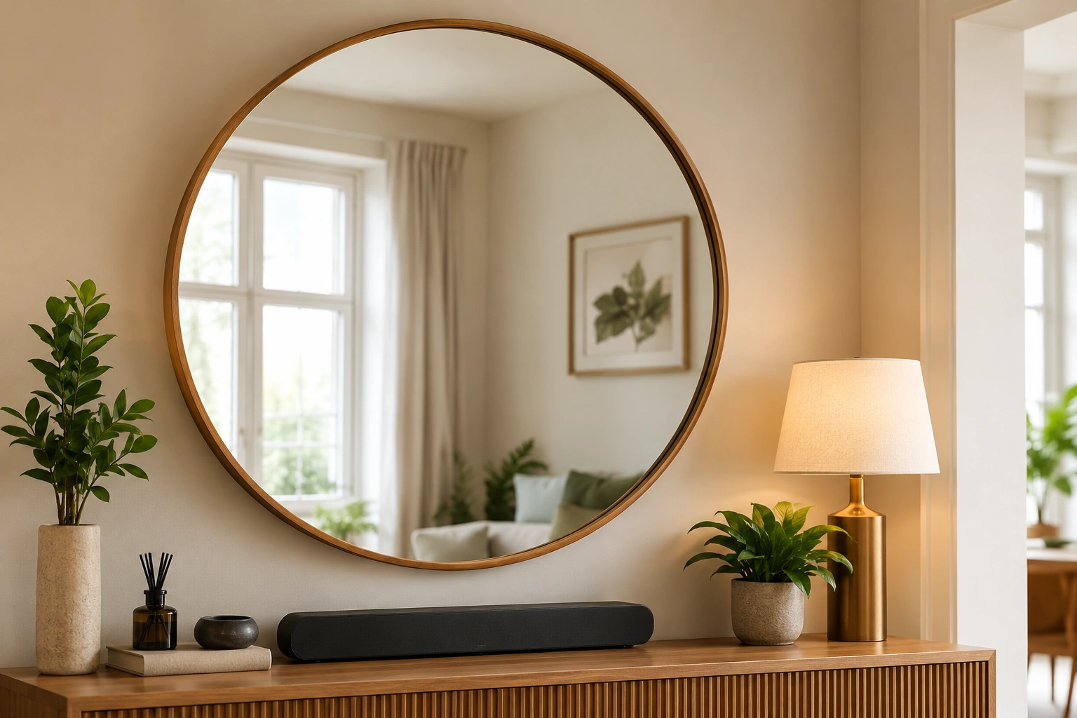 A large round mirror with a thin wooden frame hangs above a fluted wooden credenza in a brightly lit, modern living room.