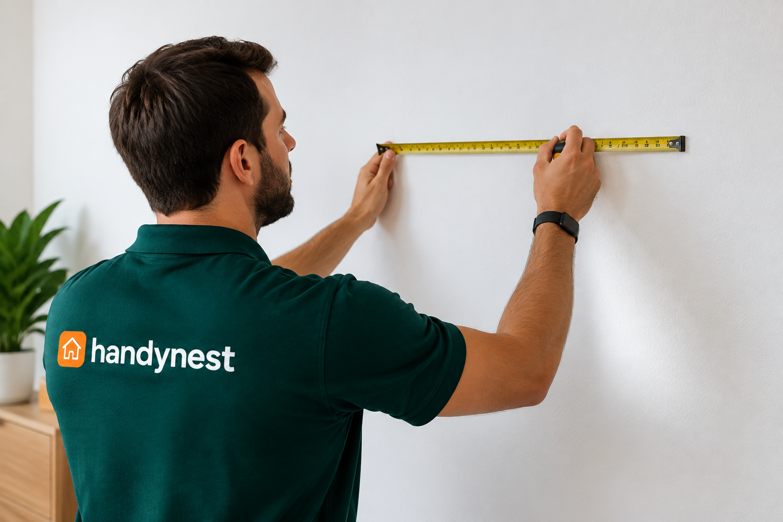A handyman in a dark green polo shirt stretches a yellow measuring tape across a plain white wall.