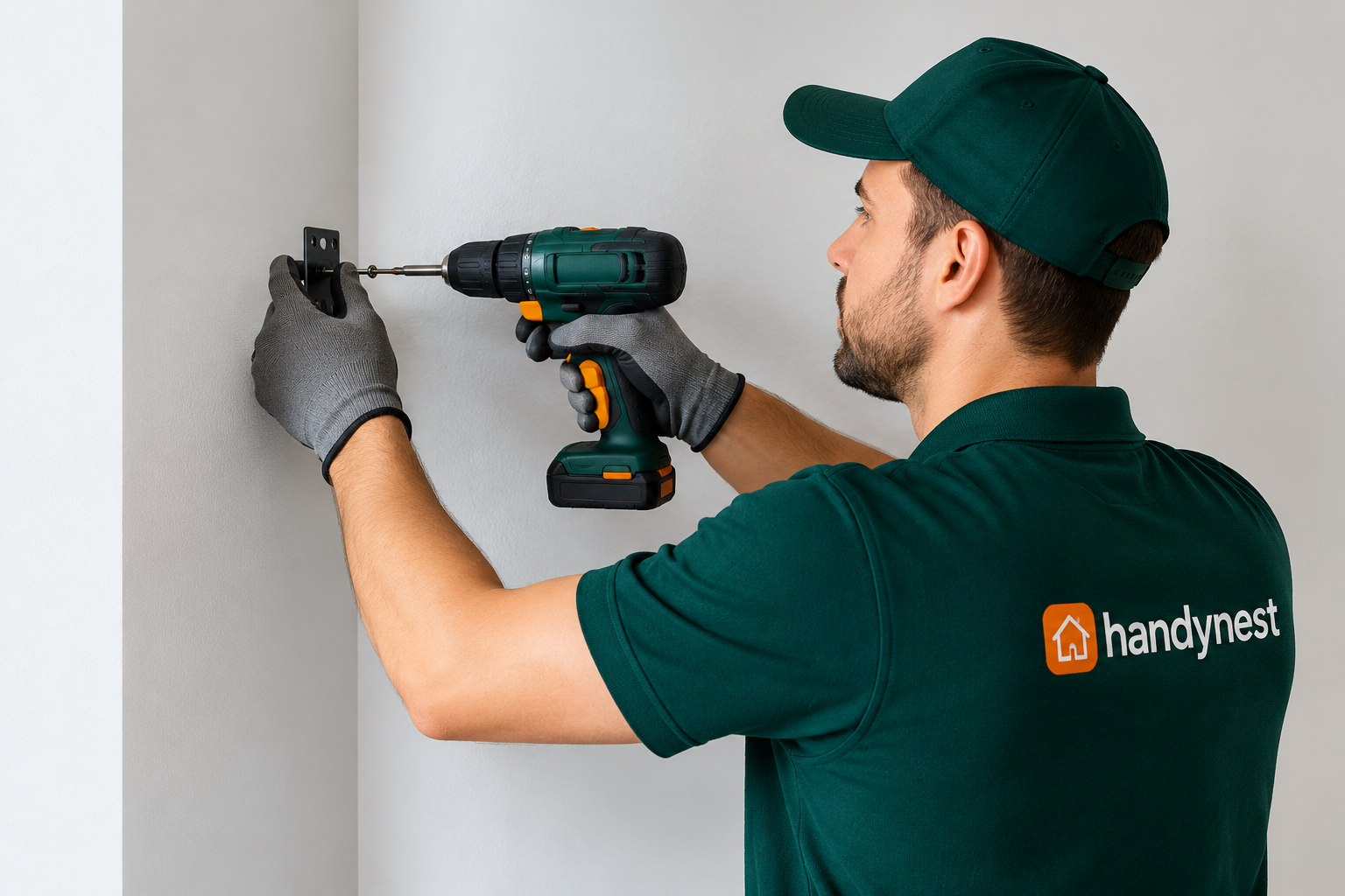 A handyman wearing a dark green polo shirt and a matching baseball cap uses a cordless drill to screw a black bracket into a light grey wall