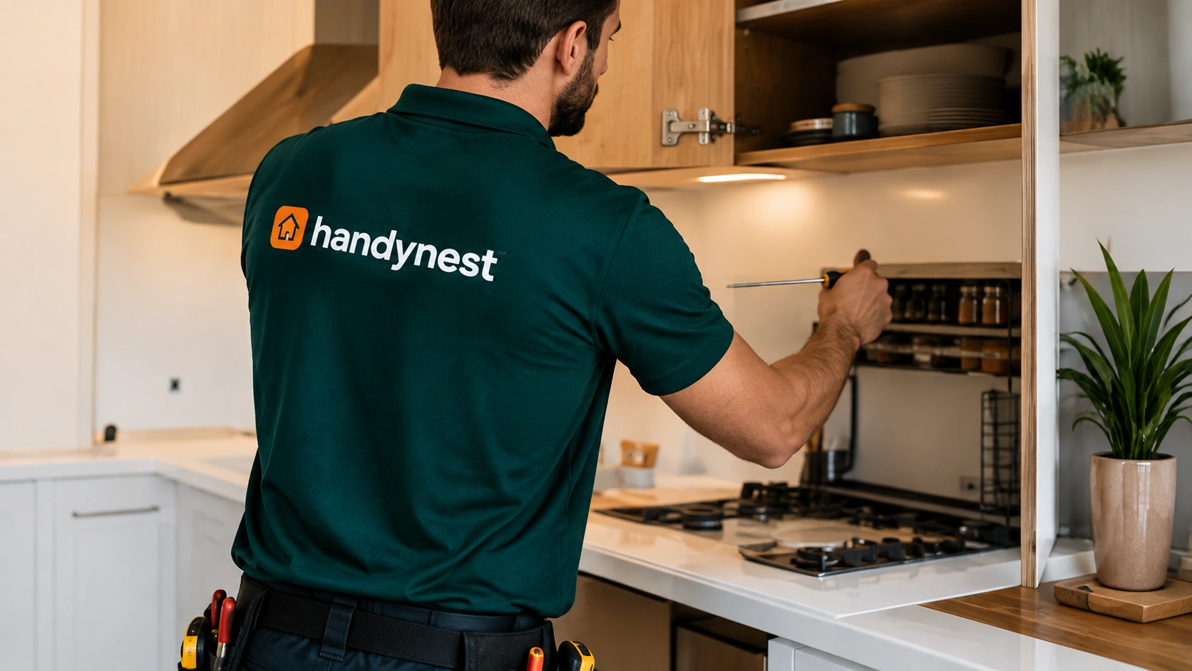 A handyman in a dark green polo shirt stands in a kitchen adjusting a spice rack next to a stove.