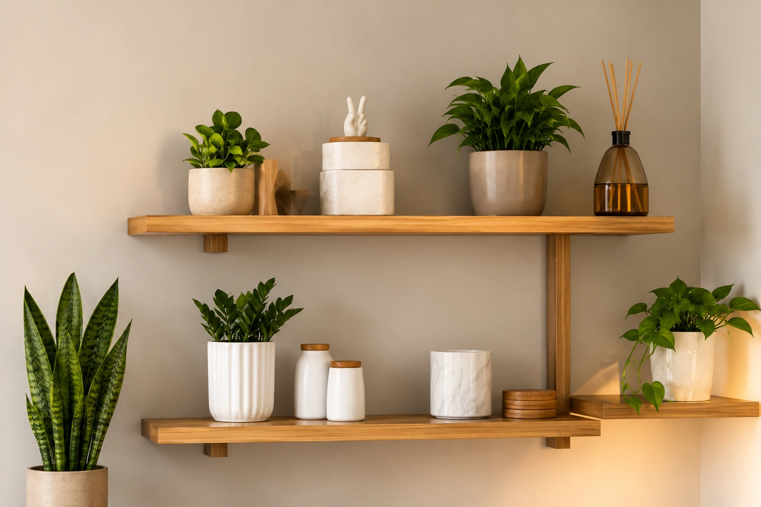 The top shelf holds a small potted plant, a stack of white ceramic boxes topped with a white hand statue making.