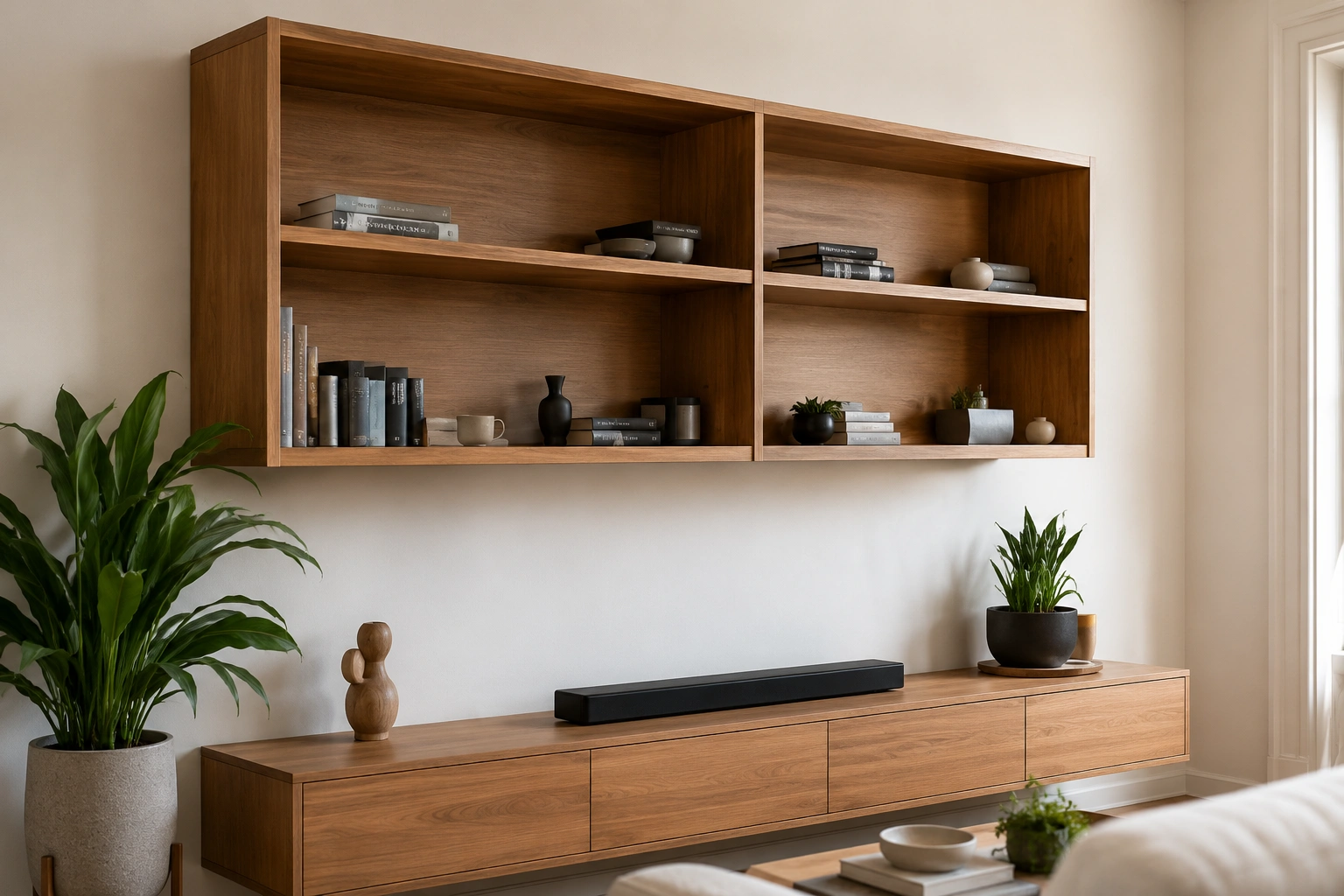A modern, minimalist living room media center featuring light oak wooden furniture mounted against a cream-white wall.