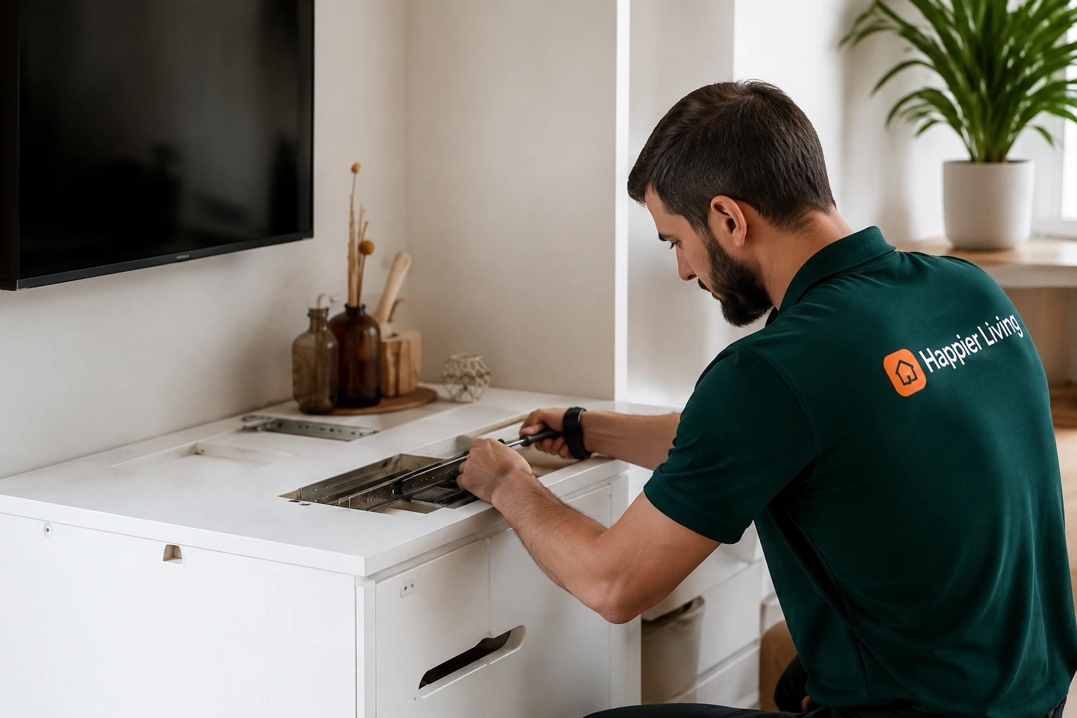 A handyman assembling or repairing a white wooden media console under a wall-mounted television.
