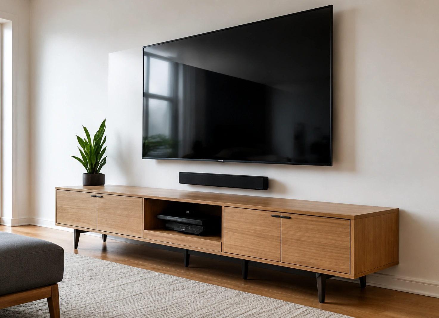 A modern, minimalist living room media center featuring a large flat-screen television mounted on a plain white wall.
