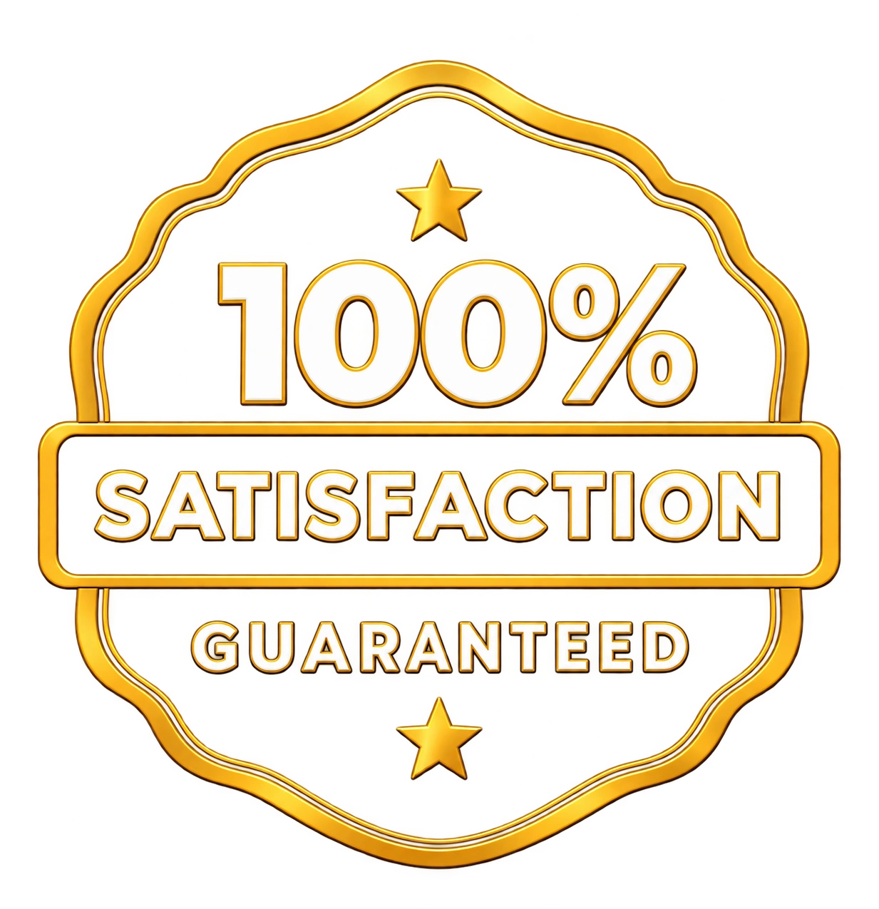 The middle horizontal banner contains the word "SATISFACTION" in all-caps white lettering with a thin gold border.