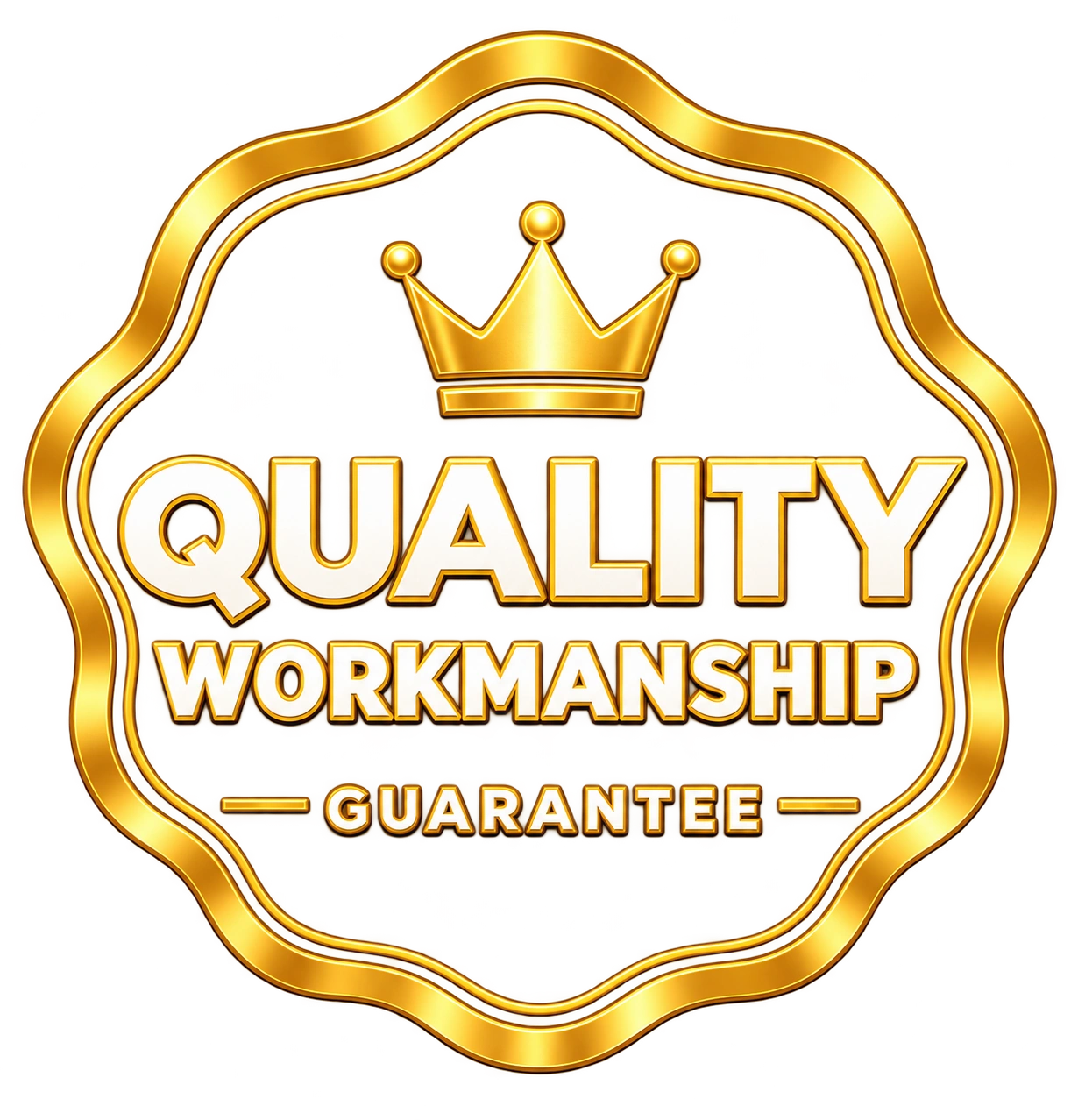 A glossy gold badge with a wavy, circular border containing a crown icon and guarantee text.