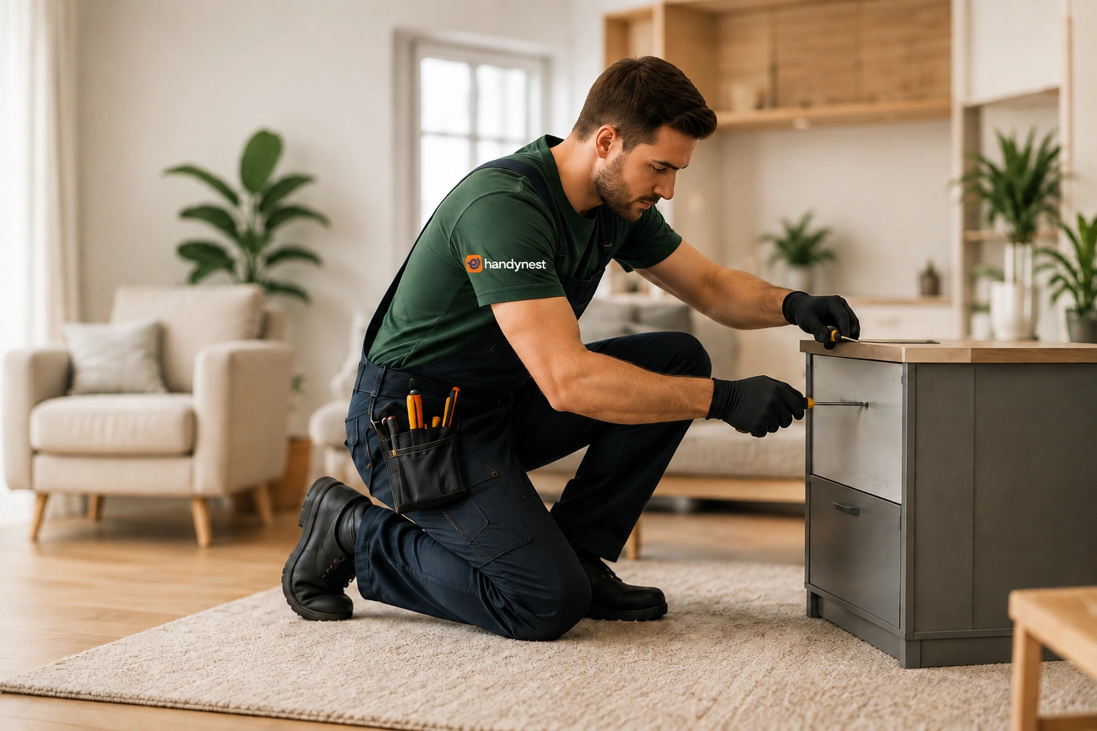A male technician wearing a dark green t-shirt with the "handynest" logo and dark blue overalls kneels on a beige rug inside a bright living room. Wearing black protective gloves, he carefully uses a screwdriver to repair or assemble a gray multi-drawer side cabinet. A tool pouch filled with screwdrivers is attached to his hip, and a blurred armchair and indoor plants are visible in the background.