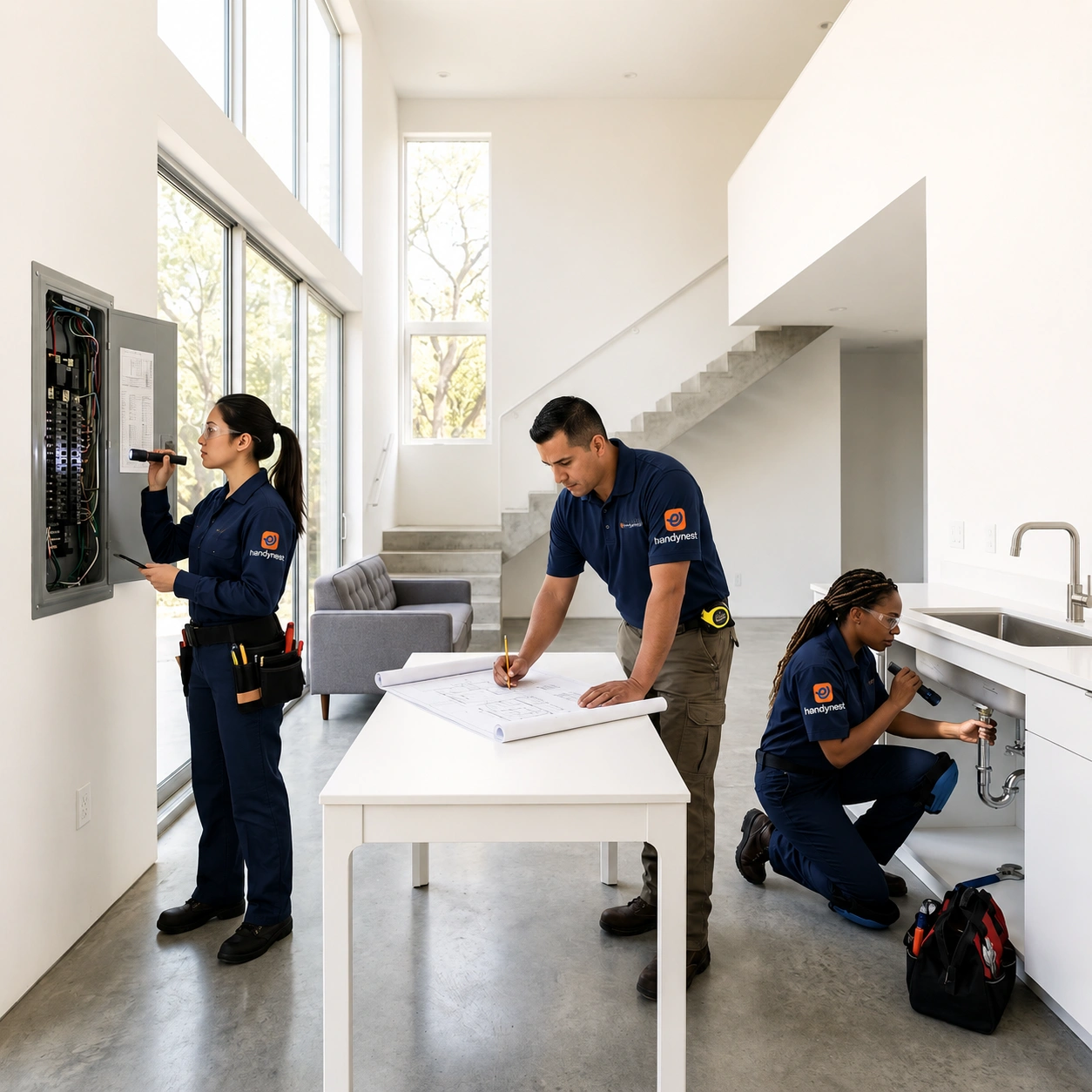 Three home service technicians wearing matching dark blue "handynest" uniforms work inside a modern, white, double-height living space. On the left, a female technician uses a flashlight to inspect an open electrical breaker panel on the wall. In the center, a male technician leans over a white table to review architectural blueprints with a pencil. On the right, a female technician kneels on the floor to repair the plumbing under a kitchen sink.