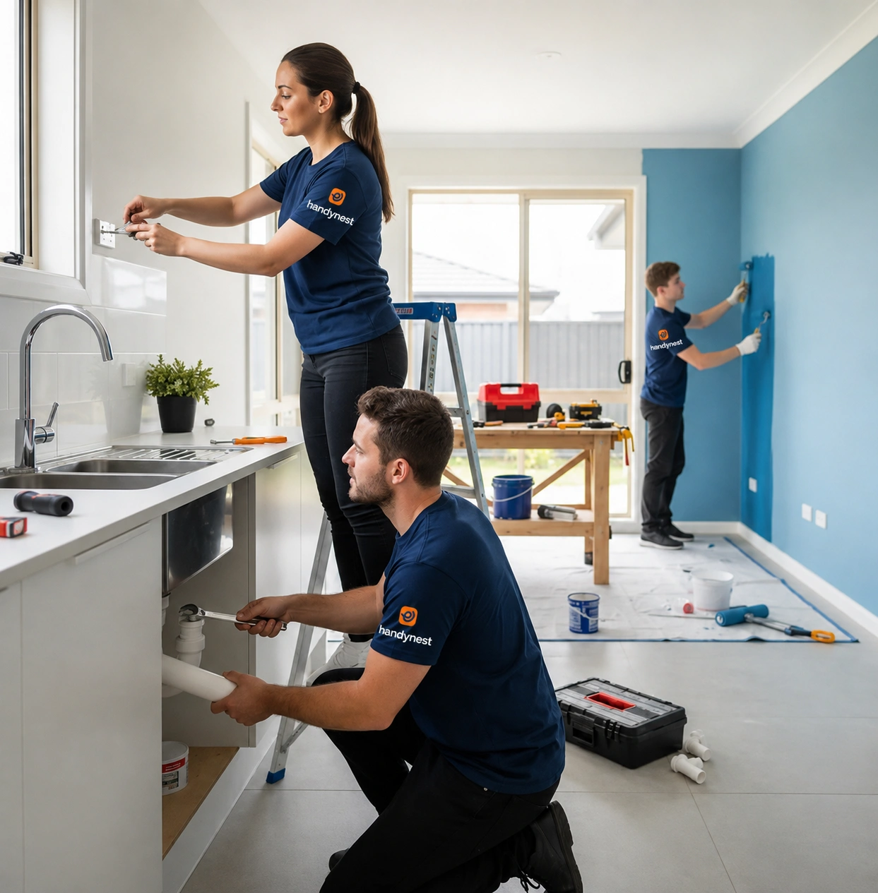 Three home improvement technicians wearing dark blue "handynest" t-shirts work on different home repair projects inside a bright residential space. In the foreground, a female technician stands on a stepladder fixing a wall fixture near a kitchen sink, while a male technician kneels below to install white PVC plumbing pipes under the sink. In the background, a third technician stands on a protective drop cloth, using a paint roller to paint a white accent wall bright blue.