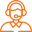 A simple, bi-color line icon depicting a customer service support agent wearing a headset with a microphone. The agent's hair and headset are outlined in orange, while the collared shirt is outlined in light blue.